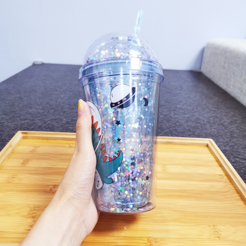 Cană din plastic cu pereți dubli, cu pai, portabilă pentru studenți, design drăguț