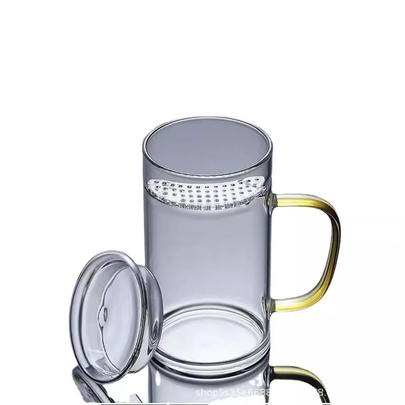 Cească de ceai în formă de lună, cu bază groasă și mâner, din sticlă borosilicată înaltă, cu filtru încorporat pentru ceai verde, pentru birou, rezistentă la temperaturi înalte