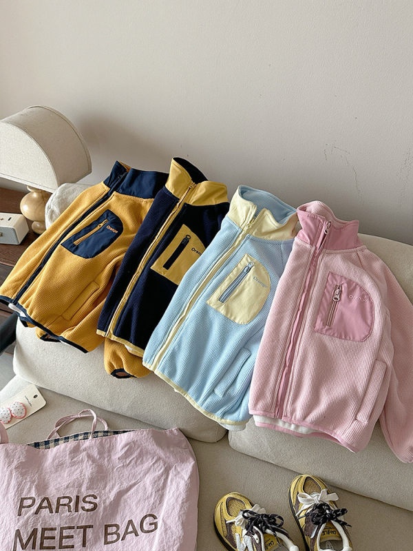 Raktáron: 2025-ös gyerek téli kabát színblokkokkal és zsebekkel, lányoknak és fiúknak, Rice Grain Composite Fleece Top