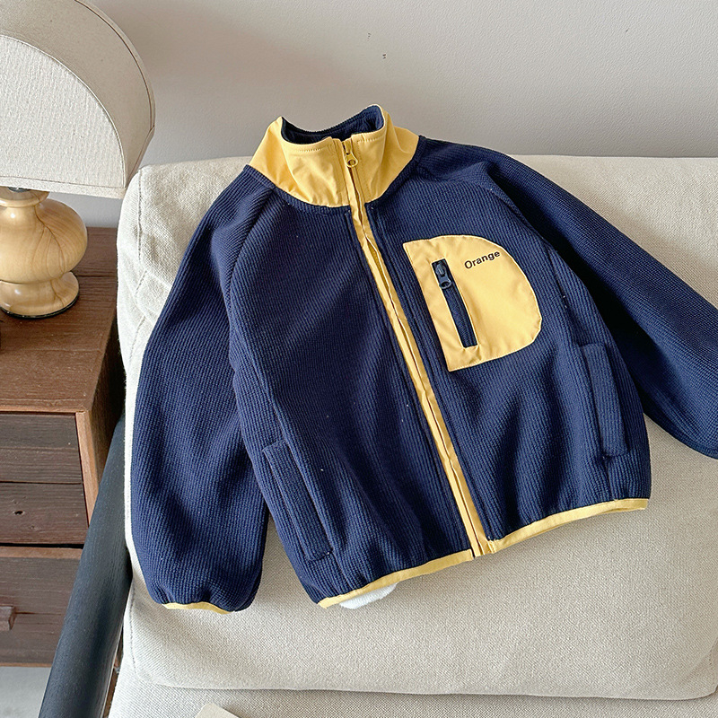 Raktáron: 2025-ös gyerek téli kabát színblokkokkal és zsebekkel, lányoknak és fiúknak, Rice Grain Composite Fleece Top
