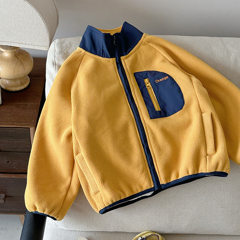 Raktáron: 2025-ös gyerek téli kabát színblokkokkal és zsebekkel, lányoknak és fiúknak, Rice Grain Composite Fleece Top