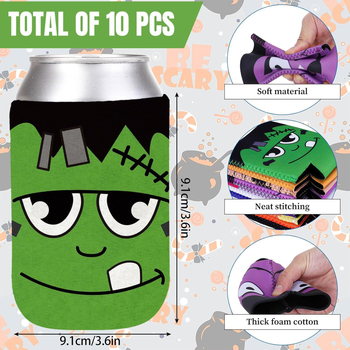 Manșon pentru pahar de Halloween și capac pentru doze - design dovleac-bat, din material textil