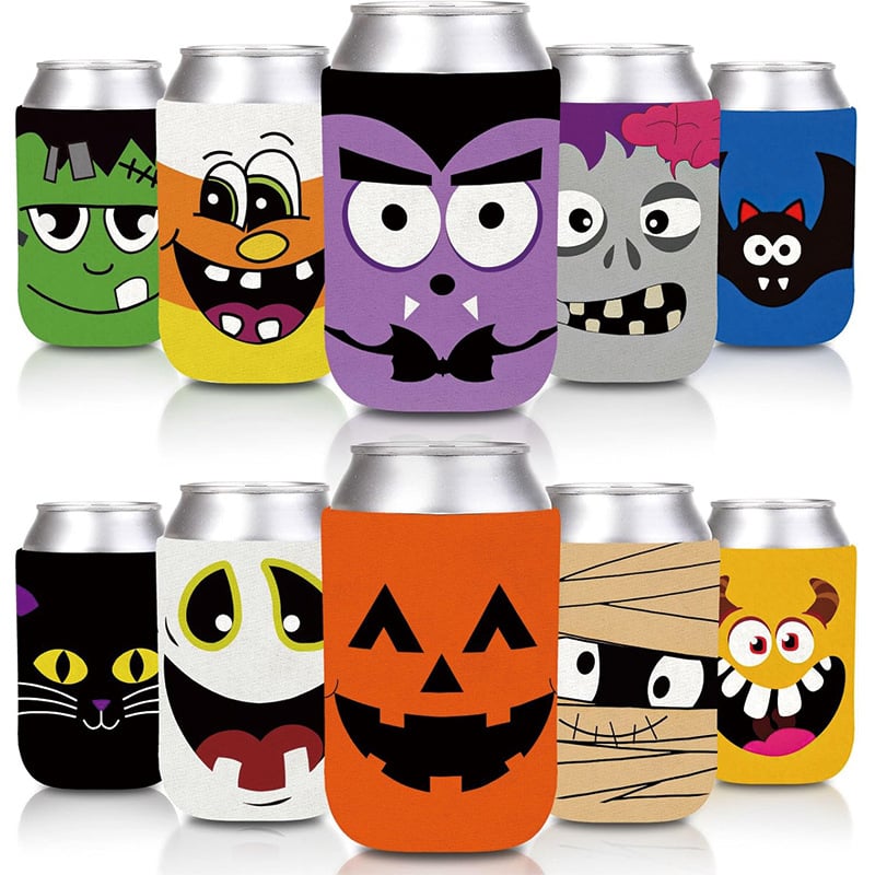 Manșon pentru pahar de Halloween și capac pentru doze - design dovleac-bat, din material textil