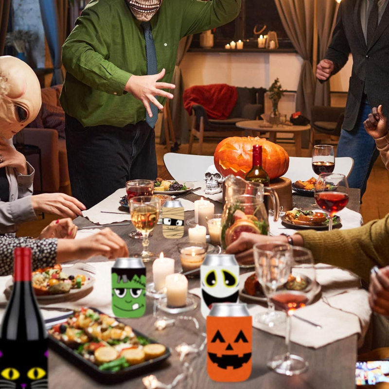 Manșon pentru pahar de Halloween și capac pentru doze - design dovleac-bat, din material textil