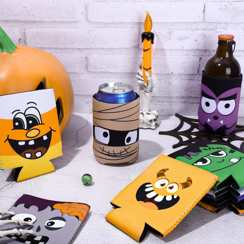 Manșon pentru pahar de Halloween și capac pentru doze - design dovleac-bat, din material textil