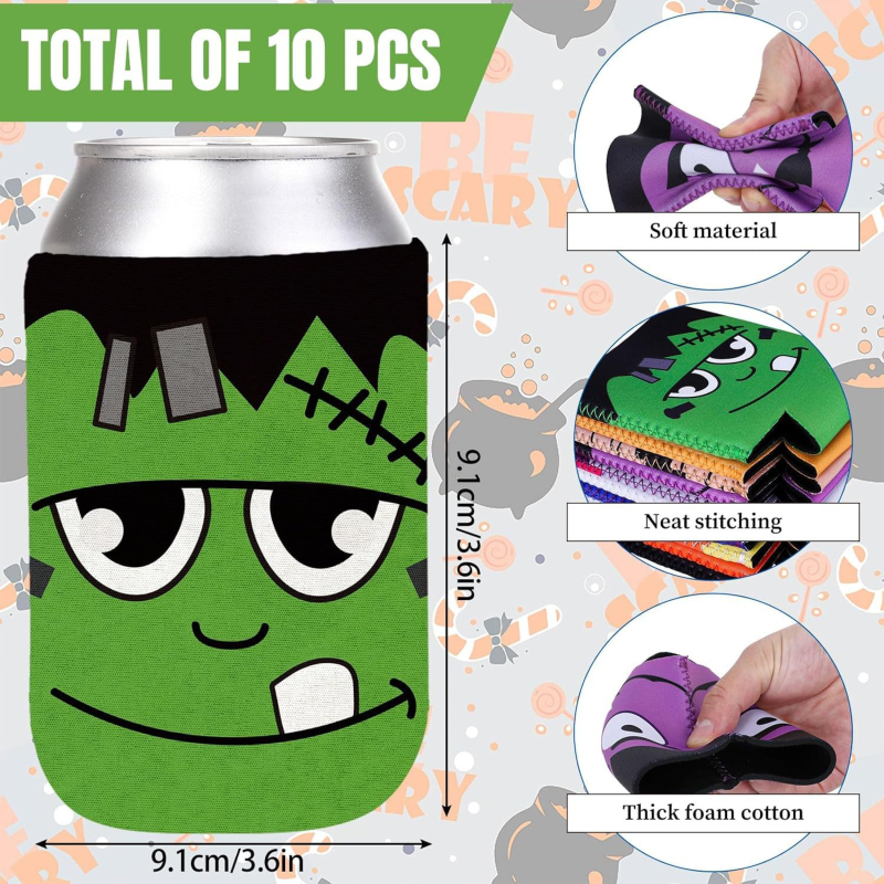 Manșon pentru pahar de Halloween și capac pentru doze - design dovleac-bat, din material textil