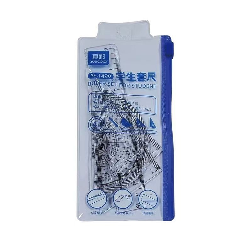 True Color 1499/1497 Set pentru desen pentru elevi cu riglă, echer, goniometru şi riglă cu margine în formă de val — patru piese pentru clasă