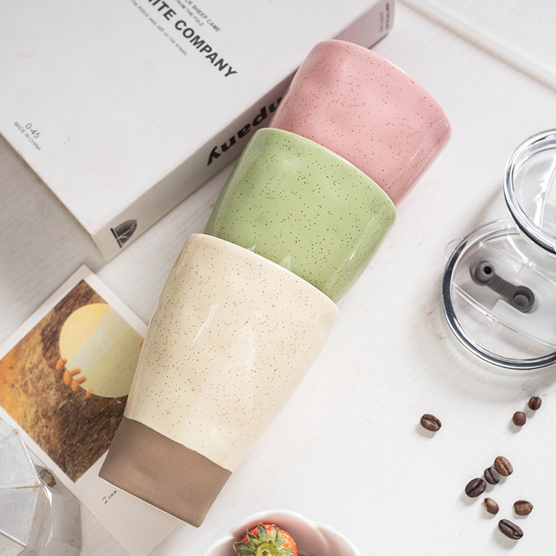 Ceașcă ceramică pentru cafea, crem, potrivită pentru birou, cu capac