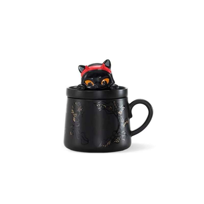 Cană ceramică de Halloween cu capac – Pisică neagră, design Deviruchi pisică-elf