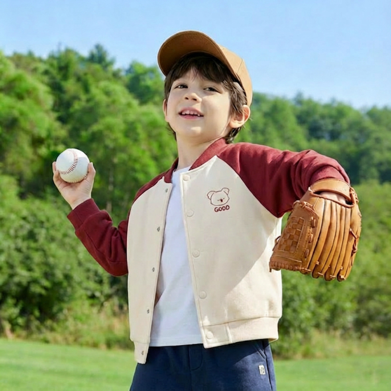Új gyerekeknek szóló baseball stílusú kabát, casual, állógallér, hosszú ujjú, 1–3 éveseknek, őszi szezon, rajzolt mintával