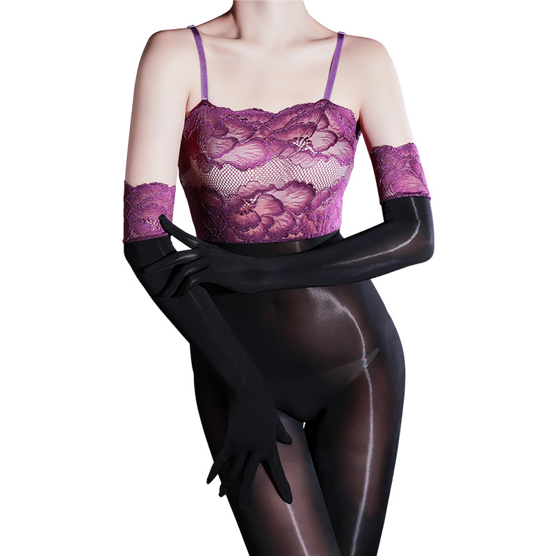 Playful Joy Xiyue Hibiscus Glow čipkasti bodystocking s čarapama, ultra-tanko, svilenkasti sjaj