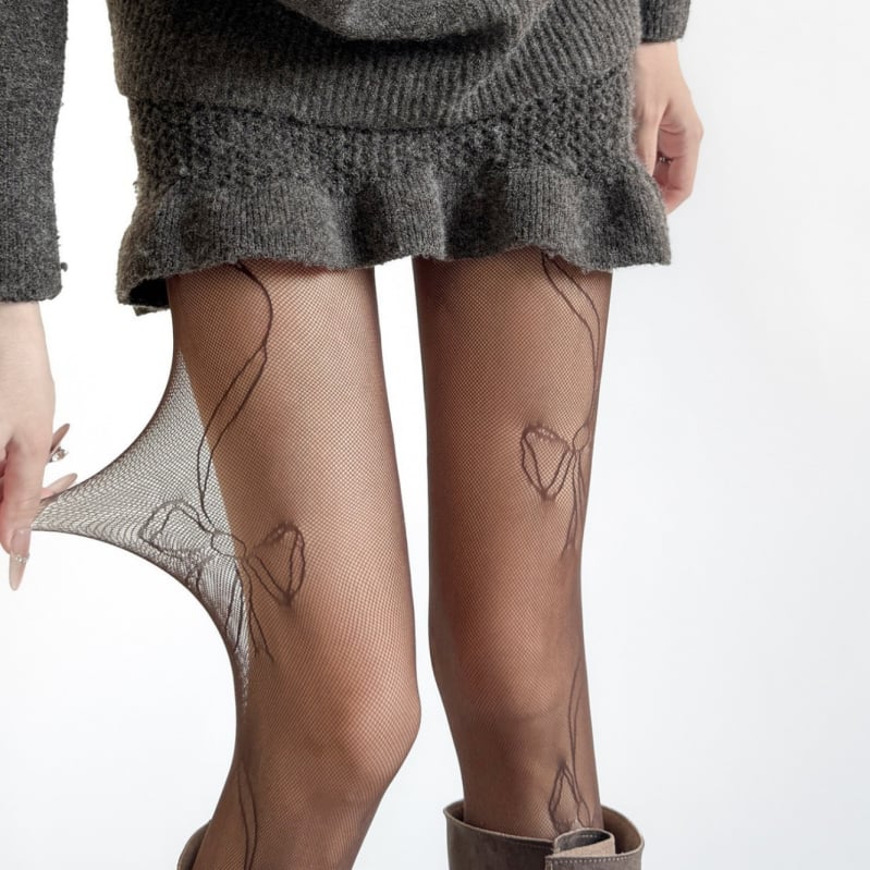 Čarape s bočnom mašnicom i čipkom, tanke za proljeće/ljeto, seksi smeđa nijansa