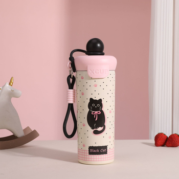 Cană termică drăguță cu minge plutitoare în design desen animat, din oțel inoxidabil 316, portabilă cu curea și pai, 600 ml