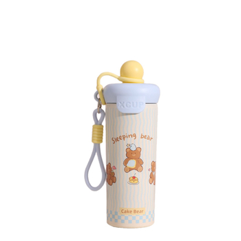 Cană termică drăguță cu minge plutitoare în design desen animat, din oțel inoxidabil 316, portabilă cu curea și pai, 600 ml