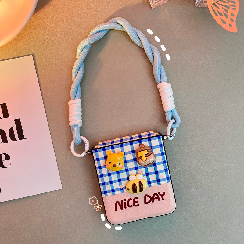 Torbica za Samsung Galaxy Z Flip6/Z Flip5, plava, crossbody, dizajn jazavčar i Winnie the Pooh, zaštita od pada, umjetna koža