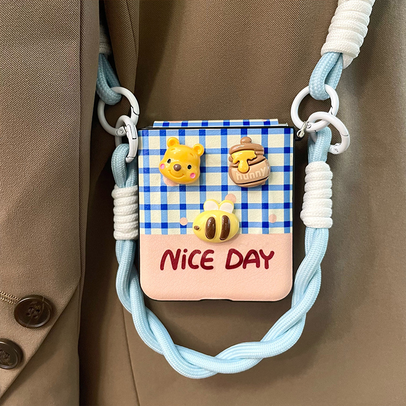 Torbica za Samsung Galaxy Z Flip6/Z Flip5, plava, crossbody, dizajn jazavčar i Winnie the Pooh, zaštita od pada, umjetna koža