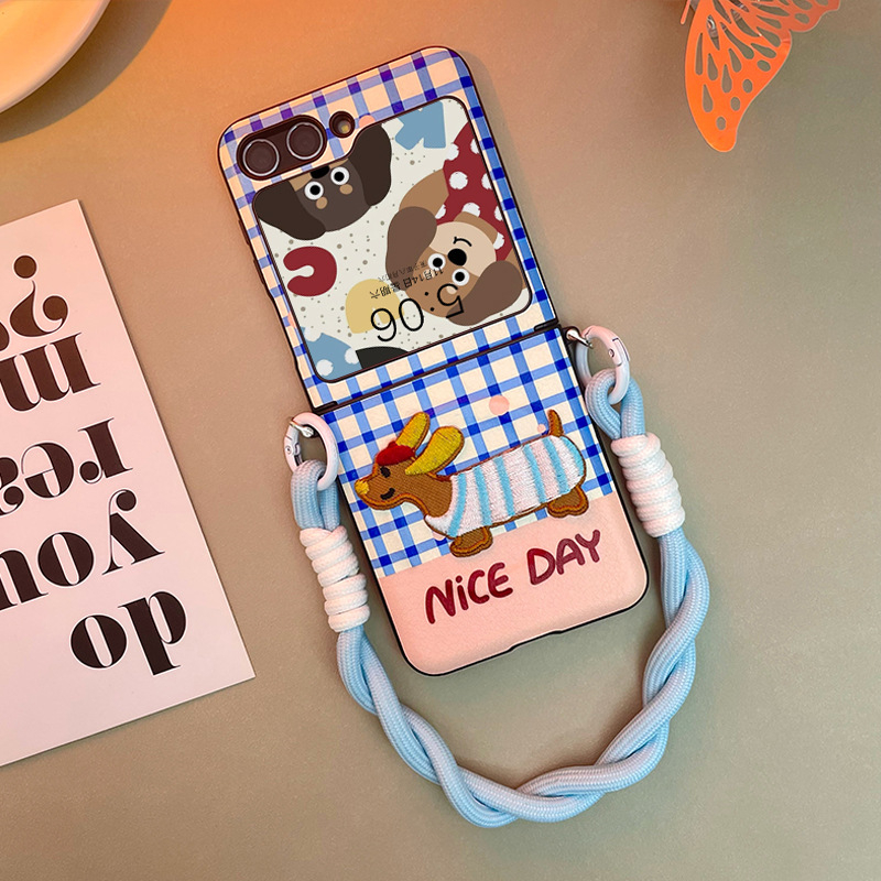 Torbica za Samsung Galaxy Z Flip6/Z Flip5, plava, crossbody, dizajn jazavčar i Winnie the Pooh, zaštita od pada, umjetna koža
