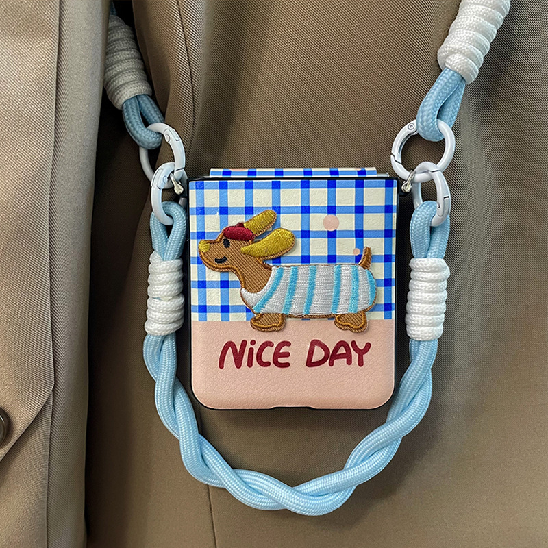 Torbica za Samsung Galaxy Z Flip6/Z Flip5, plava, crossbody, dizajn jazavčar i Winnie the Pooh, zaštita od pada, umjetna koža
