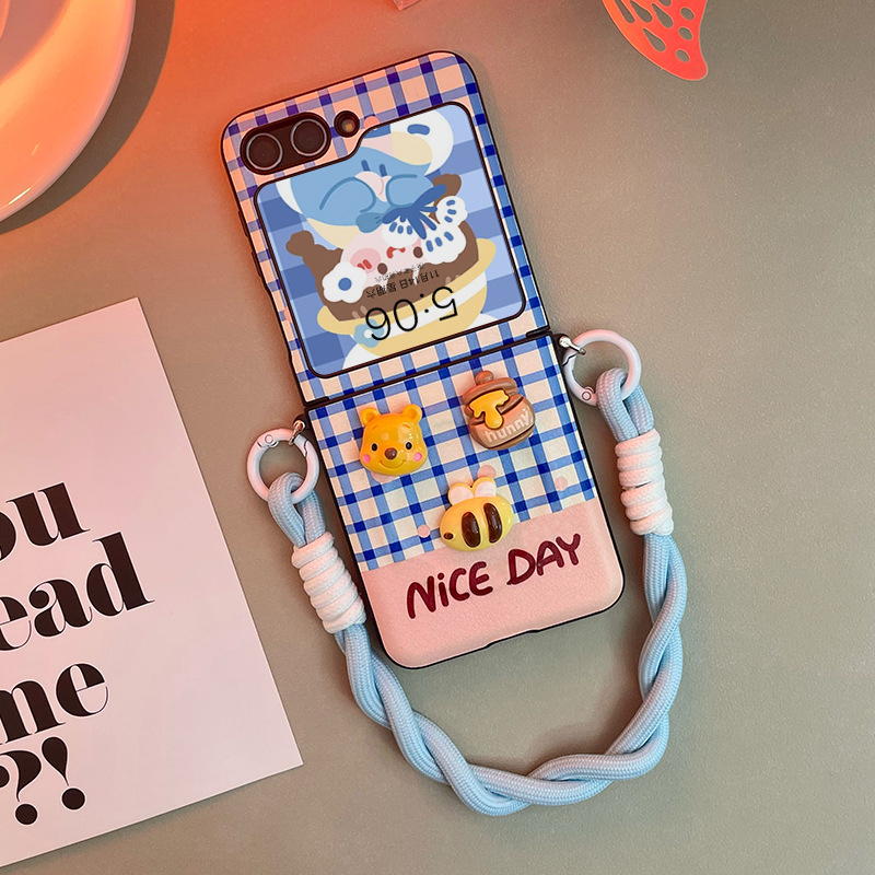 Torbica za Samsung Galaxy Z Flip6/Z Flip5, plava, crossbody, dizajn jazavčar i Winnie the Pooh, zaštita od pada, umjetna koža