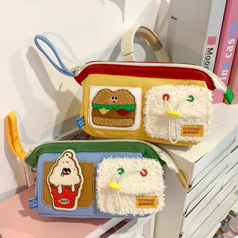 Penar cu design ursuleț-burger, drăguț, cu fermoar, pentru elevi
