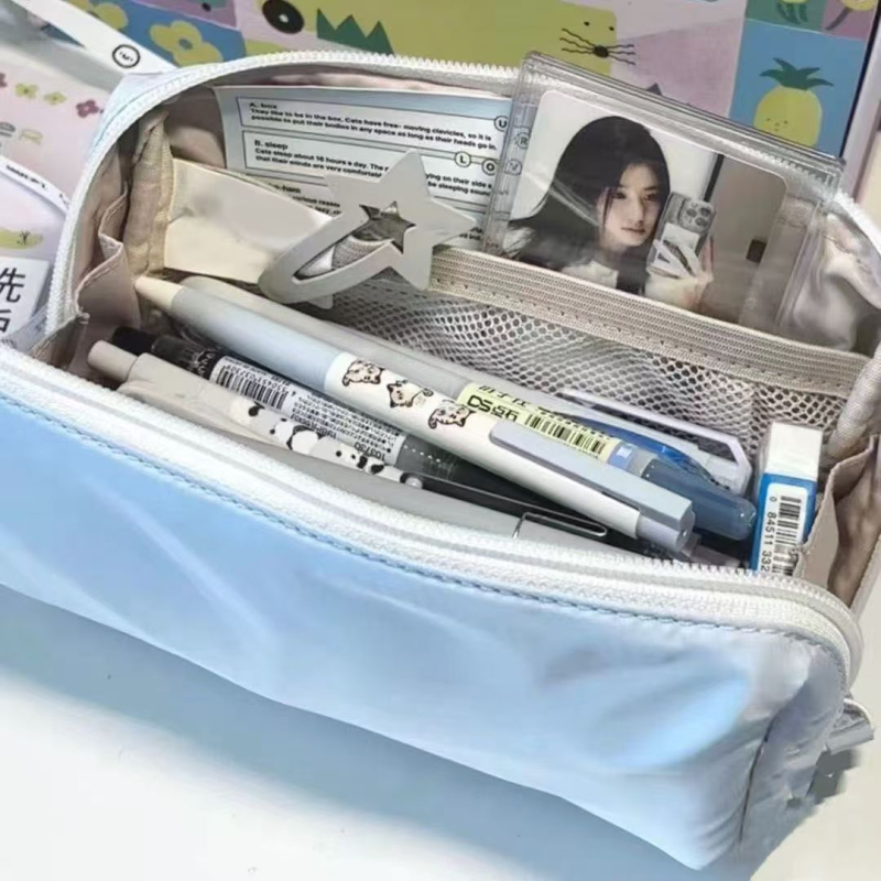 Penar pentru creioane, culoare albastru lăptos, cu capacitate mare, din pânză, rezistent la pete, stil coreean pentru elevi