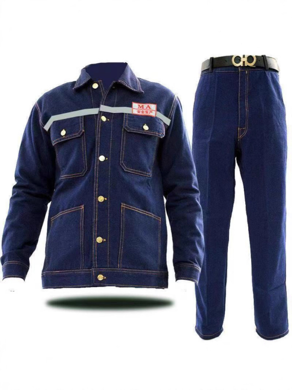 Ανδρικό σετ εργασίας: denim μπουφάν και παντελόνια για συγκόλληση με ανακλαστικές λωρίδες, αντιανεμικά, ανθεκτικά στη φθορά, προστατευτικά μακριά μανίκια