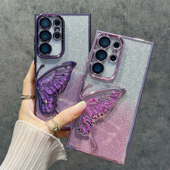 Carcasă electroplată pentru Samsung S24 Ultra și S25 Ultra – fluture cu efect nisip curgător, glitter în gradient, senzație premium