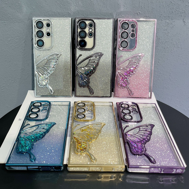 Carcasă electroplată pentru Samsung S24 Ultra și S25 Ultra – fluture cu efect nisip curgător, glitter în gradient, senzație premium