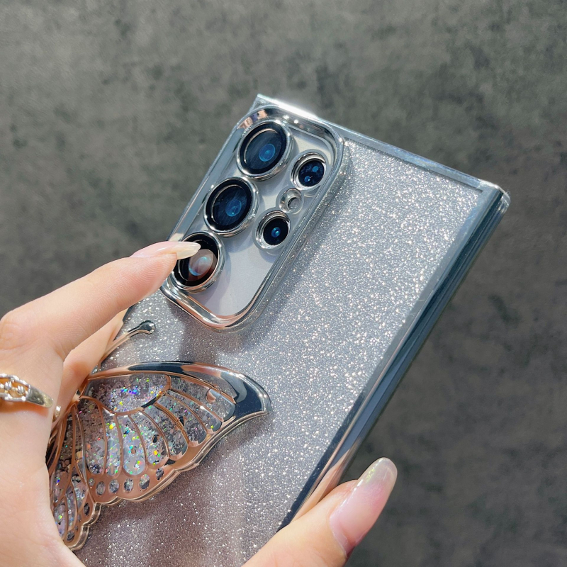 Carcasă electroplată pentru Samsung S24 Ultra și S25 Ultra – fluture cu efect nisip curgător, glitter în gradient, senzație premium