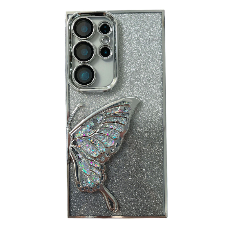 Carcasă electroplată pentru Samsung S24 Ultra și S25 Ultra – fluture cu efect nisip curgător, glitter în gradient, senzație premium