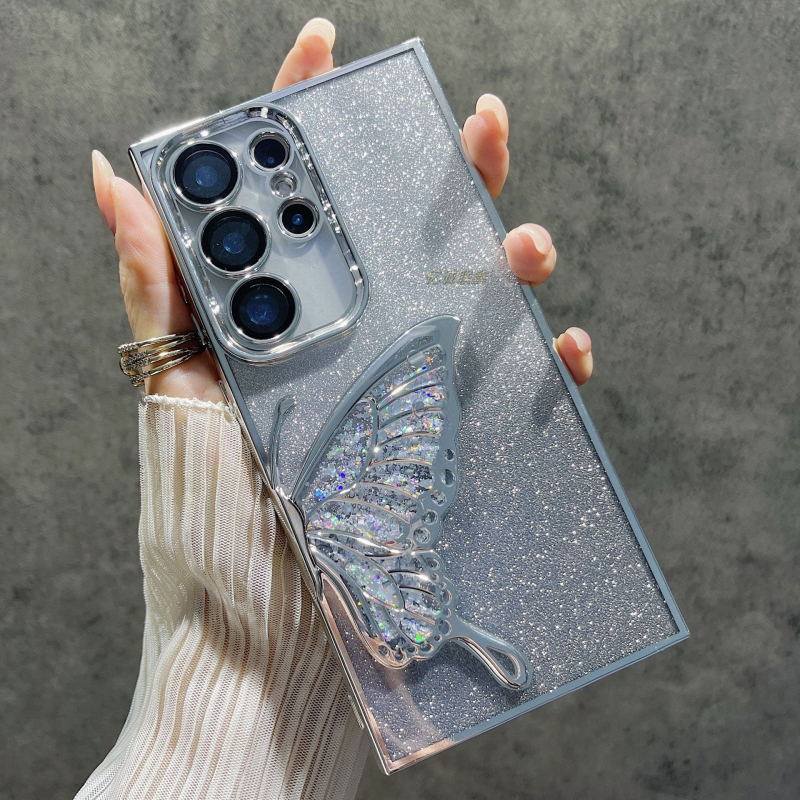 Carcasă electroplată pentru Samsung S24 Ultra și S25 Ultra – fluture cu efect nisip curgător, glitter în gradient, senzație premium