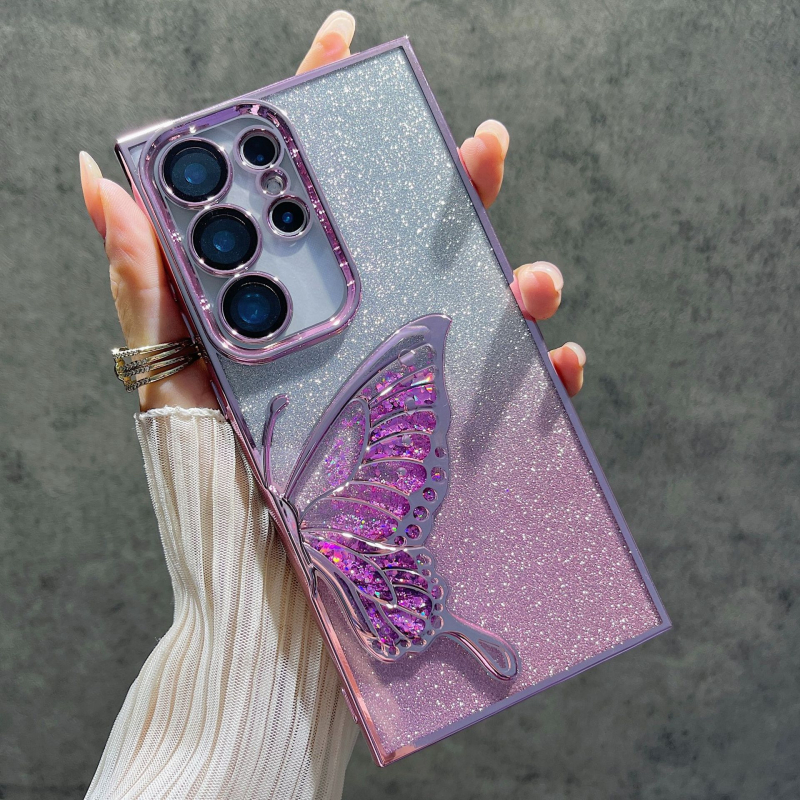 Carcasă electroplată pentru Samsung S24 Ultra și S25 Ultra – fluture cu efect nisip curgător, glitter în gradient, senzație premium