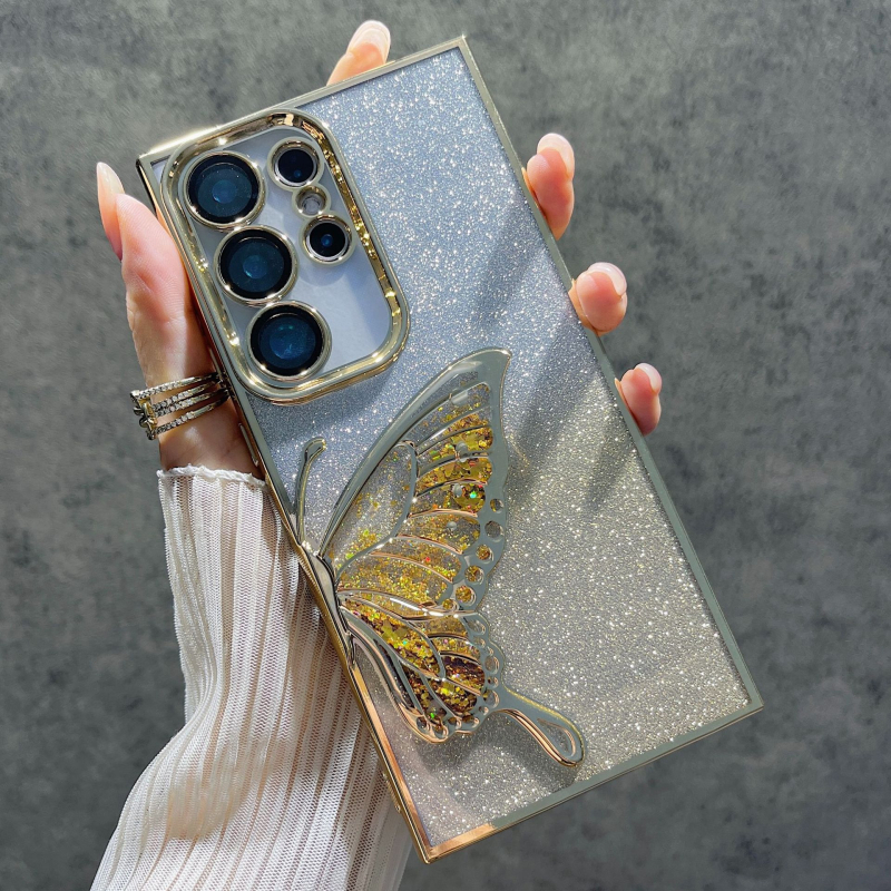 Carcasă electroplată pentru Samsung S24 Ultra și S25 Ultra – fluture cu efect nisip curgător, glitter în gradient, senzație premium