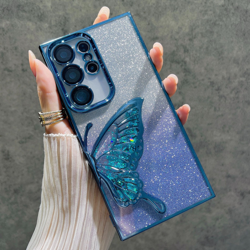 Carcasă electroplată pentru Samsung S24 Ultra și S25 Ultra – fluture cu efect nisip curgător, glitter în gradient, senzație premium