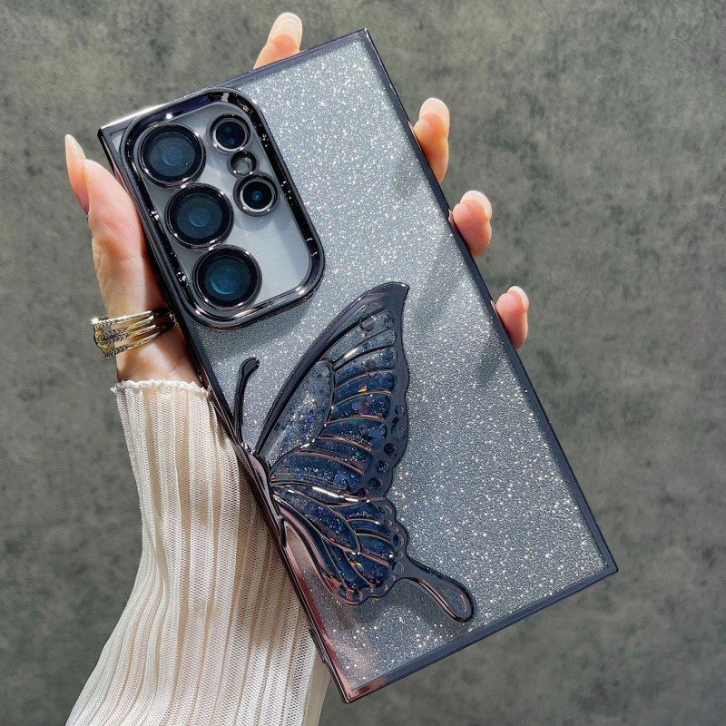 Carcasă electroplată pentru Samsung S24 Ultra și S25 Ultra – fluture cu efect nisip curgător, glitter în gradient, senzație premium
