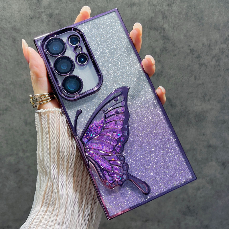 Carcasă electroplată pentru Samsung S24 Ultra și S25 Ultra – fluture cu efect nisip curgător, glitter în gradient, senzație premium