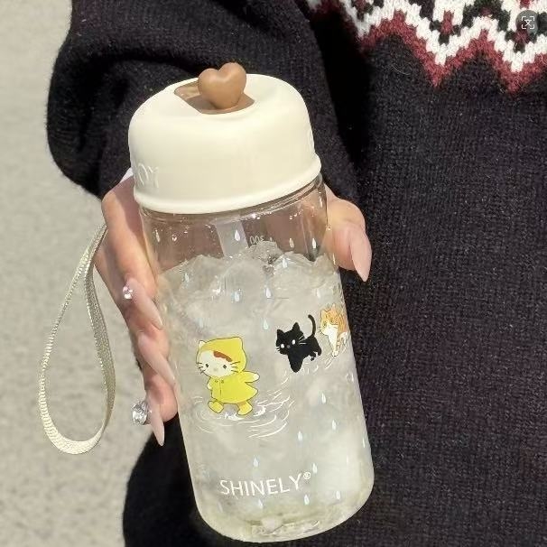 Pahar cu pai, temă pisică ploioasă pentru fete, din plastic alimentar, rezistent la temperaturi înalte, portabil și compact