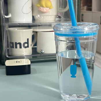 Pahar transparent din Tritan cu pai, pentru cafea, lapte sau apă, în stilul unei sticle albastre, capacitate mare.