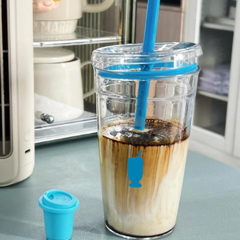 Pahar transparent din Tritan cu pai, pentru cafea, lapte sau apă, în stilul unei sticle albastre, capacitate mare.