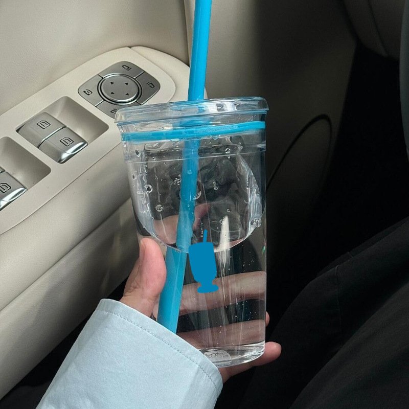 Pahar transparent din Tritan cu pai, pentru cafea, lapte sau apă, în stilul unei sticle albastre, capacitate mare.