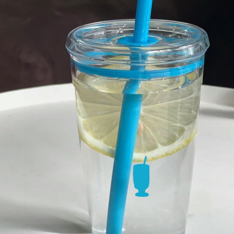 Pahar transparent din Tritan cu pai, pentru cafea, lapte sau apă, în stilul unei sticle albastre, capacitate mare.