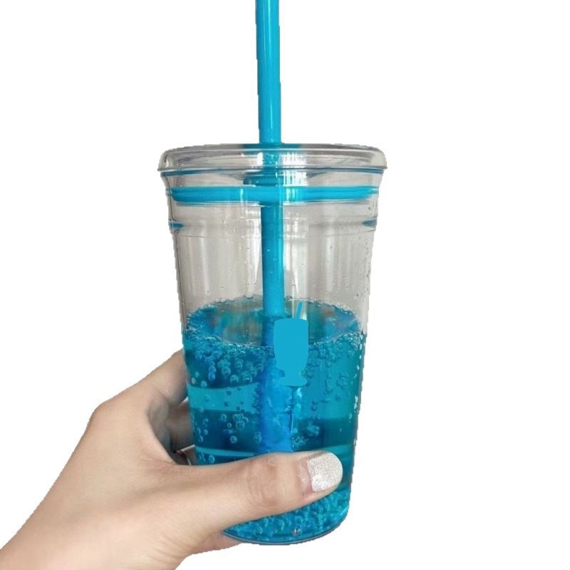 Pahar transparent din Tritan cu pai, pentru cafea, lapte sau apă, în stilul unei sticle albastre, capacitate mare.