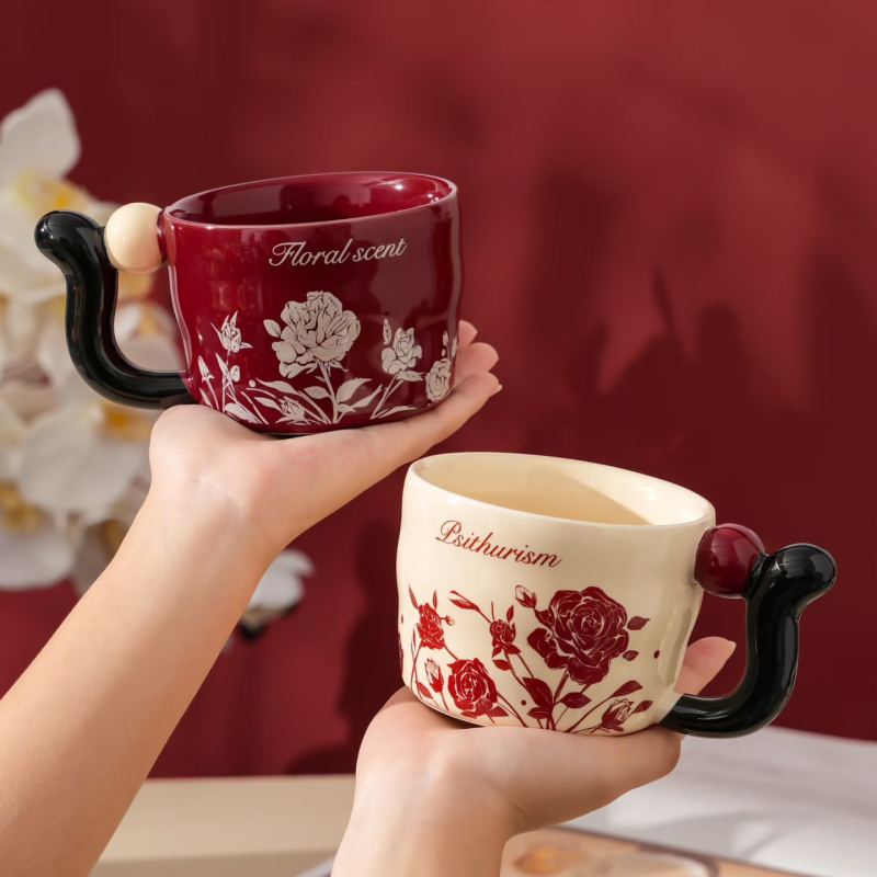 Cani ceramice pentru cuplu, creative, în cutie cadou cu flori, căni de cafea elegante