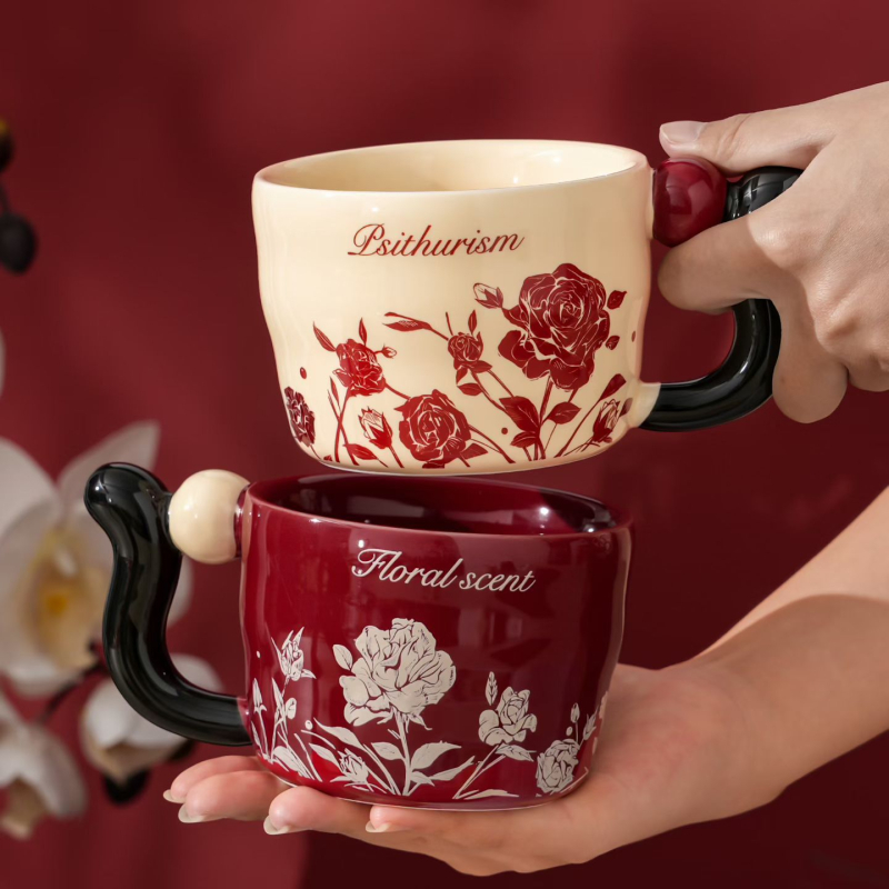 Cani ceramice pentru cuplu, creative, în cutie cadou cu flori, căni de cafea elegante