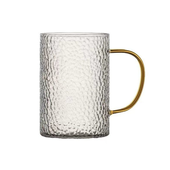 Cană din sticlă borosilicat de înaltă rezistență, cu mâner colorat și textură ciocănită, pentru ceai sau cafea, acasă sau la birou