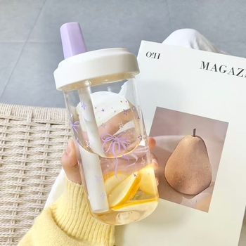 Cană cu funda în formă de fluture – vară pentru fete, ceai cu lapte, pahar din sticlă cu pai