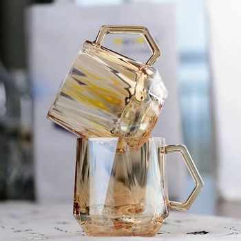 Pahar de sticlă cu mâner, stil INS minimalist, pentru suc și lapte, design hexagonal
