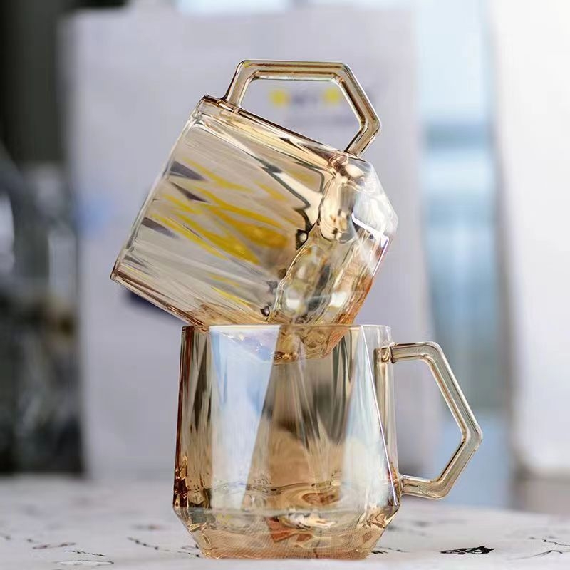 Pahar de sticlă cu mâner, stil INS minimalist, pentru suc și lapte, design hexagonal