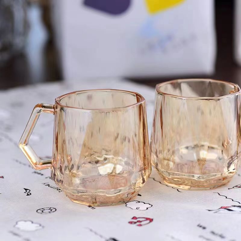 Pahar de sticlă cu mâner, stil INS minimalist, pentru suc și lapte, design hexagonal