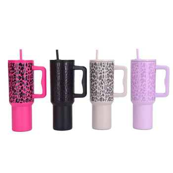 Cană termo Leopard-Print de 40oz, cu mâner și pai, interior din oțel inoxidabil 304, exterior din oțel inoxidabil 201, capacitate mare pentru călătorii